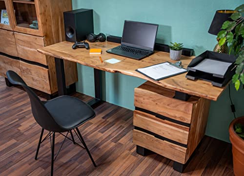 SAM Schreibtisch Nara, Akazienholz naturfarben & massiv, Bürotisch mit echter Baumkante & DREI Schubladen, Computertisch mit U-Gestell aus Eisen Schwarz, 170x70x76 cm von SAM