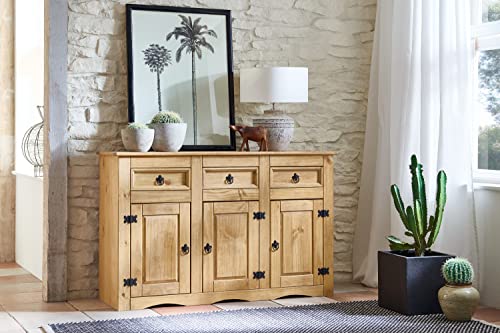 SAM Sideboard Acapulco, Pinienholz massiv, Kommode mit 3 Türen & 3 Schubladen, naturfarben gewachst & gebeizt, Schwarze Metallgriffe, Mexiko-Möbel von SAM