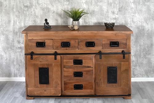 SAM Sideboard Libro II, Akazienholz massiv + nussbaumfarben, Kommode mit 2 Holzschiebetüren, 7 Schubladen & 2 offenen Fächern, Türelemente, Griffe & Reling aus Eisen, 150 x 90 x 45 cm von SAM