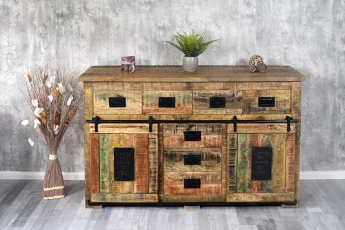 SAM Sideboard Libro II, Mangoholz massiv + bunt, Kommode mit 2 Holzschiebetüren, 7 Schubladen & 2 offenen Fächern, Türelemente, Griffe & Reling aus Eisen, 150 x 90 x 45 cm, Shabby Chic von SAM