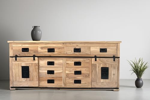 SAM Sideboard Libro III, Akazienholz massiv + naturfarben, Kommode mit 2 Holzschiebetüren, 10 Schubladen & 2 offenen Fächern, Türelemente, Griffe & Reling aus Eisen, 200 x 90 x 45 cm von SAM