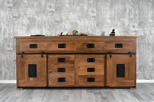 SAM Sideboard Libro III, Akazienholz massiv + nussbaumfarben, Kommode mit 2 Holzschiebetüren, 10 Schubladen & 2 offenen Fächern, Türelemente, Griffe & Reling aus Eisen, 200 x 90 x 45 cm von SAM