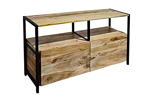 SAM Sideboard Nagar 3, Akazienholz massiv & naturfarben, Kommode mit Zwei Holztüren & offener Regalebene, Metallrahmen, 110 x 35 x 65 cm, Industrial-Design von SAM