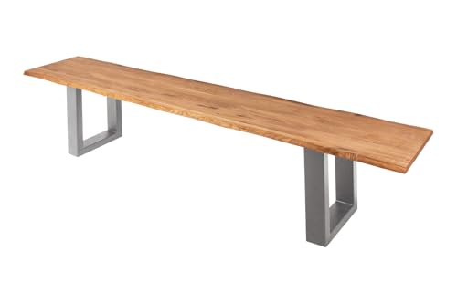 SAM Sitzbank 220x42 cm Enrico, Eichenholz massiv + geölt, Silber lackiertes Kufengestell aus Metall, Esszimmerbank mit echter Baumkante, Holzbank aus Massivholz, Pflegeleichte Baumkantenbank von SAM