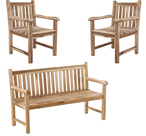 SAM Sparset Caracas 1 x Gartenbank & 2 x Gartenstuhl aus Teak-Holz massiv, Sitzbank 150 cm, Pflegeleichte Unikate, für Garten, Terrasse & Balkon, 4251068928256 von SAM