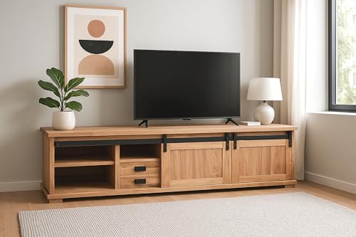 SAM TV-Board Lian I | Akazienholz | Farbe: Natur | 180x55x50 cm | 5 Fächer & 2 Schubfächer | 2 Schiebetüren | Lowboard/TV-Schrank mit gusseisernen Elementen von SAM