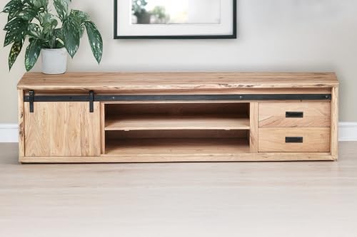 SAM TV-Board Lian II | Akazienholz | Farbe: Natur | 200x55x50 cm | 4 Fächer & 2 Schubfächer | Holz-Schiebetür mit Baumkante | Lowboard/TV-Schrank mit gusseisernen Elementen von SAM