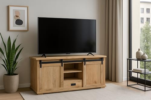 SAM TV-Board Lian IV | Akazienholz | Farbe: Natur | 128x45x70 cm | 6 Fächer & 1 Schubfach | 2 Schiebetüren | Lowboard/TV-Schrank mit gusseisernen Elementen von SAM