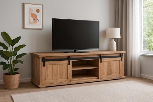 SAM TV-Board Lian V | Akazienholz | Farbe: Natur | 145x45x50 cm | 6 Fächer | 2 Schiebetüren | Lowboard/TV-Schrank mit gusseisernen Elementen von SAM