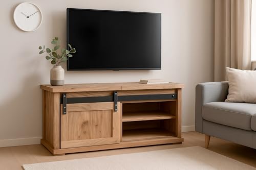 SAM Truhe Lian | Akazienholz massiv | Farbe: Natur | 76x51x45 cm | 2 Fächer & 2 Klappen | 1 x Holz-Schiebetür | gusseiserne Elemente von SAM