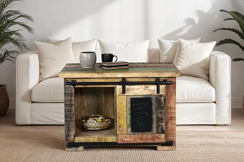 SAM Truhe Libro, Mangoholz massiv + bunt, Couchtisch mit Holzschiebetür, 3 offenen Fächern, Türelemente & Reling aus Eisen, 75 x 47 x 50 cm, Shabby Chic von SAM