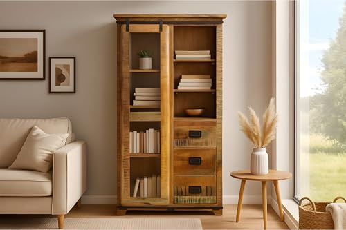 SAM Vitrine Libro, Mangoholz massiv + bunt, Glasvitrine mit Einer Glasschiebetür, 3 Schubladen & 7 offenen Fächern, Türelemente & Reling aus Eisen, 100 x 175 x 43 cm, Shabby Chic von SAM
