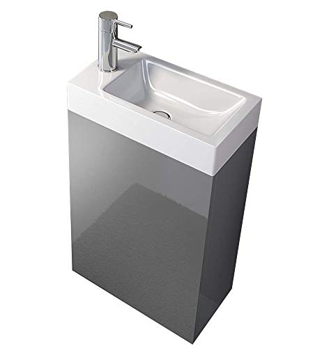 SAM Waschplatz Vega, Kleiner Waschtisch 40 x 22 cm, Grau Hochglanz, Tür mit Push-Open-Funktion, Kunststoffbecken von SAM