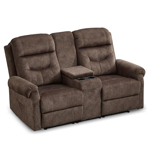 SAMERY 2 Sitzer Sofa mit Liegefunktion, Zweisitzer Relaxsessel Fernsehsessel mit 160° Verstellbar, Konsole, Getränkehalter, 2er Kinosessel TV Sessel für Wohnzimmer & Heimkino (Braun, Samt Zweisitzer) von SAMERY