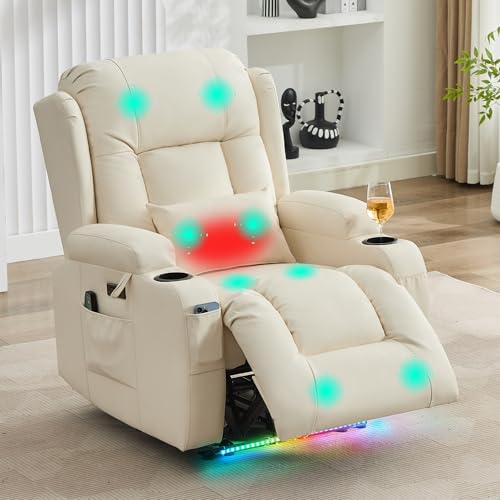 SAMERY Fernsehsessel Elektrisch Verstellbar Relaxsessel mit Liegefunktion,Massagesessel Vibration Heizung,Kunstleder TV Sessel Wohnzimmer Liegesessel Kinosessel 614 mit USB/LED,bis 150 kg (1, Beige) von SAMERY