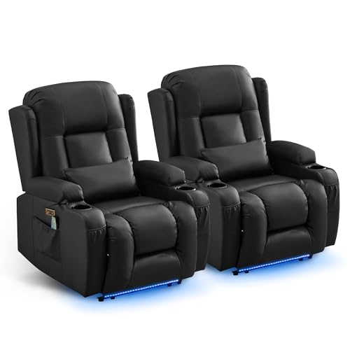 SAMERY Fernsehsessel Elektrisch Verstellbar Relaxsessel mit Liegefunktion,Massagesessel Vibration Heizung,Kunstleder TV Sessel Wohnzimmer Liegesessel Kinosessel 614 mit USB/LED,bis 150 kg (2, Schwarz) von SAMERY
