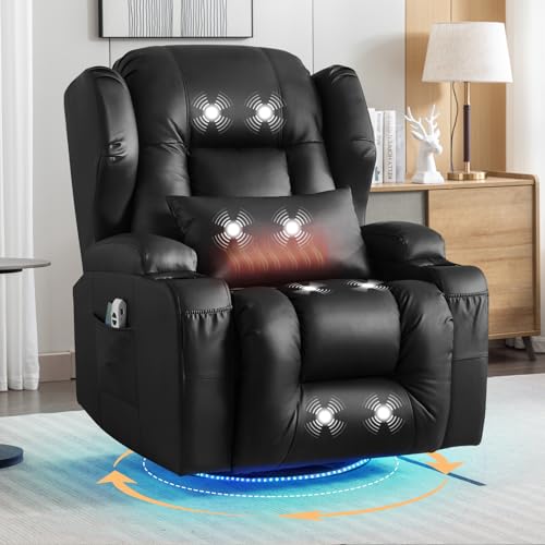 SAMERY Relaxsessel Elektrisch mit Massage & Heizung, Kunstleder Fernsehsessel mit Liegefunktion, 270° Drehbar & 30° Wippbar, USB/LED/Typ-C – Kinosessel TV Sessel Sofa Chair für Wohnzimmer (1, Schwarz) von SAMERY