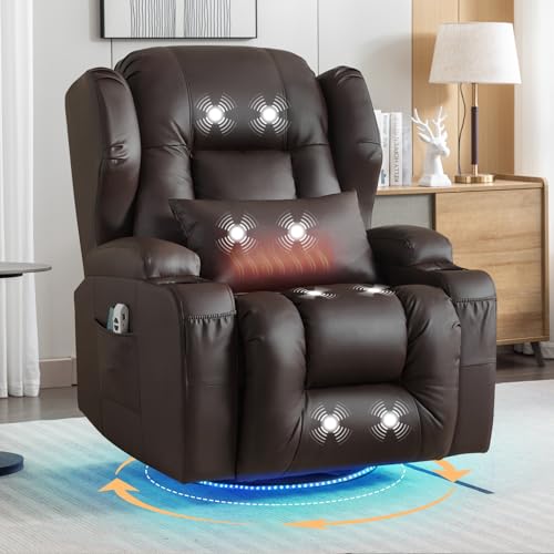 SAMERY Relaxsessel Elektrisch mit Massage & Heizung, Kunstleder Fernsehsessel mit Liegefunktion, 270° Drehbar & 30° Wippbar, USB/LED/Typ-C – Kinosessel TV Sessel Sofa Chair für Wohnzimmer (1, Braun) von SAMERY
