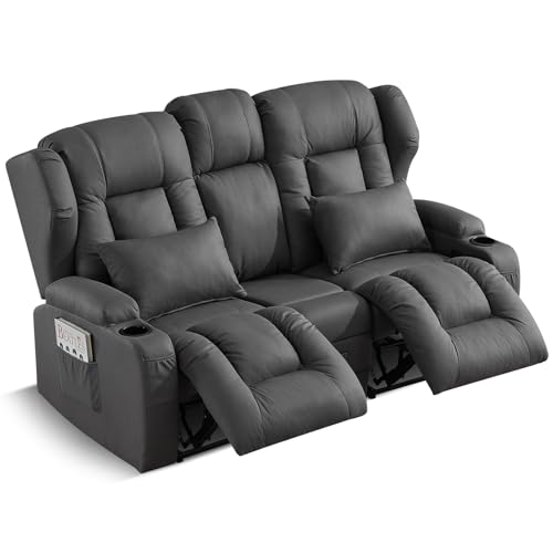 SAMERY Relaxsessel mit Liegefunktion Fernsehsessel Manuell Verstellbar, Zweisitzer Sofa Kinosessel 2 Sitzer Sofa TV Sessel Heimkino mit Getränkehalter/Schublade/Buchse, Stoffbezug von SAMERY
