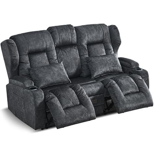 SAMERY Relaxsessel mit Liegefunktion Fernsehsessel Manuell Verstellbar, Zweisitzer Sofa Kinosessel 2 Sitzer Sofa TV Sessel Heimkino mit Getränkehalter/Schublade/Buchse, Velours von SAMERY