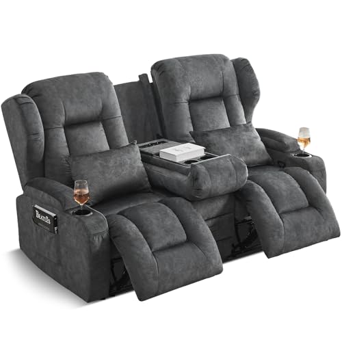 SAMERY Relaxsessel mit Liegefunktion Fernsehsessel Manuell Verstellbar, Zweisitzer Sofa Kinosessel 2 Sitzer Sofa TV Sessel Heimkino mit Getränkehalter/Schublade/Buchse, Velours von SAMERY