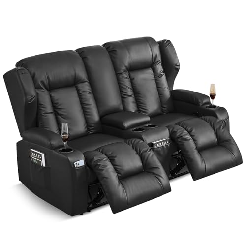 SAMERY Relaxsessel mit Liegefunktion Fernsehsessel Manuell Verstellbar, Zweisitzer Sofa Kinosessel 2 Sitzer Sofa TV Sessel Heimkino mit Konsole/Getränkehalter, Kunstleder Schwarz Zweisitzer von SAMERY