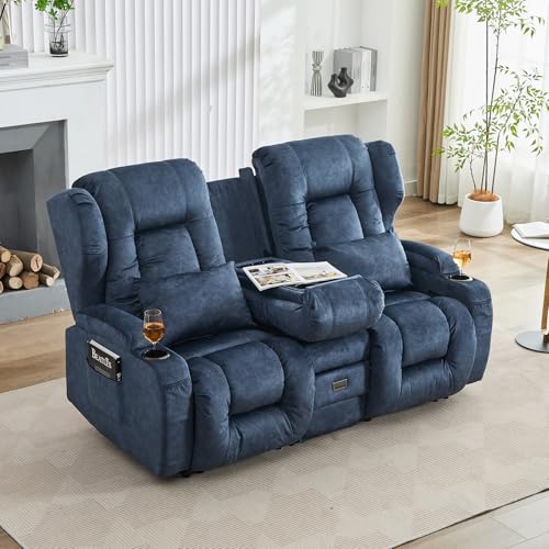 SAMERY Zweisitzer Relaxsessel mit Liegefunktion, 2er-Fernsehsessel Kinosessel 2 Sitzer TV Sessel Heimkino Sitze mit klappbare Mittelkonsole, 4 Getränkehalter, Mehrfachsteckdose, Samt Blau Zweisitzer von SAMERY