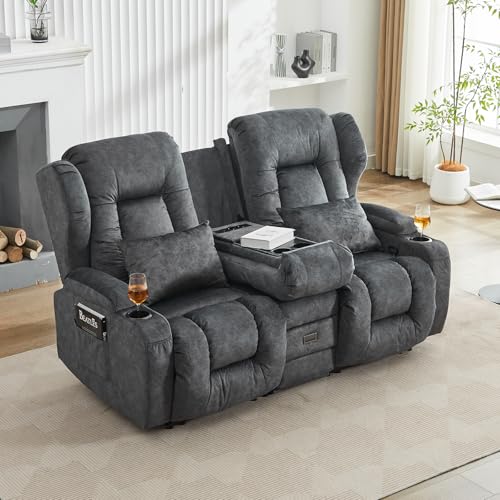 SAMERY Zweisitzer Relaxsessel mit Liegefunktion, 2er-Fernsehsessel Kinosessel 2 Sitzer TV Sessel Heimkino Sitze mit klappbare Mittelkonsole, 4 Getränkehalter, Mehrfachsteckdose, Samt Grau Zweisitzer von SAMERY