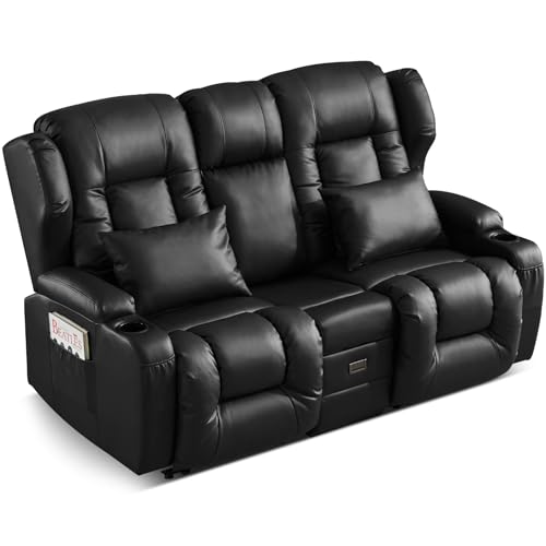 SAMERY Zweisitzer Relaxsessel mit Liegefunktion, 2er-Fernsehsessel Kinosessel 2 Sitzer TV Sessel Heimkino Sitze mit klappbare Mittelkonsole, 4 Getränkehalter, Mehrfachsteckdose, Schwarz Zweisitzer von SAMERY