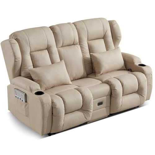 SAMERY Zweisitzer Relaxsessel mit Liegefunktion, 2er-Fernsehsessel Kinosessel 2 Sitzer TV Sessel Heimkino Sitze mit klappbare Mittelkonsole, 4 Getränkehalter, Mehrfachsteckdose, Stoff Beige Zweisitzer von SAMERY