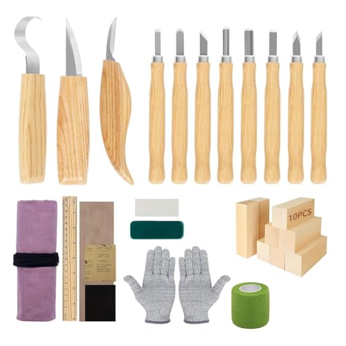 SAMISO Holz-Schnitzwerkzeug Set,30PCS Holz Schnitzmesser,Professional Holzschnitzerei Messer Werkzeuge Schnitzmesser Holz Schnitzen Set mit Schnittfeste Handschuhe Für Anfänger Und Profis von SAMISO