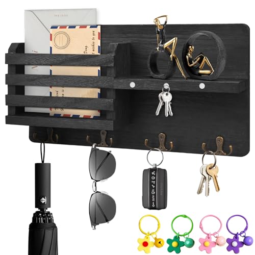 SAMISO Schlüsselbrett mit Magnet Hängend,Schlüsselhalter mit 4 Doppel Schlüsselhaken,Schlüsselbrett Holz,Dekorative Schlüsselbrett für Eingang,Mudroom,Flur,Schlafzimmer,Wohnzimmer,Schwarz von SAMISO