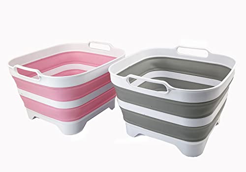 SAMMART 10 l zusammenklappbare Geschirrpfanne mit Abtropfstöpsel – faltbares Waschbecken – tragbare Geschirrwaschwanne – platzsparende Küchenaufbewahrung (Grau+Rosa (2er-Set)) von SAMMART