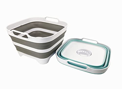 SAMMART 10 l zusammenklappbare Geschirrpfanne mit Abtropfstöpsel – faltbares Waschbecken – tragbare Geschirrwaschwanne – platzsparende Küchenaufbewahrung (Grau+Seegrün (2er-Set)) von SAMMART