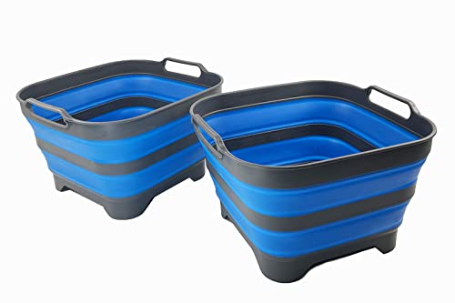 SAMMART 10 l zusammenklappbare Geschirrpfanne mit Abtropfstöpsel – faltbares Waschbecken – tragbare Geschirrwaschwanne – platzsparende Küchenaufbewahrung (Grau/Blau (2er-Set)) von SAMMART