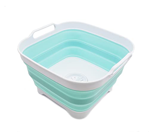 SAMMART 10 l zusammenklappbare Geschirrpfanne mit Abtropfstöpsel – faltbares Waschbecken – tragbare Geschirrwaschwanne – platzsparende Küchenaufbewahrung (White/Lake Green, 1) von SAMMART