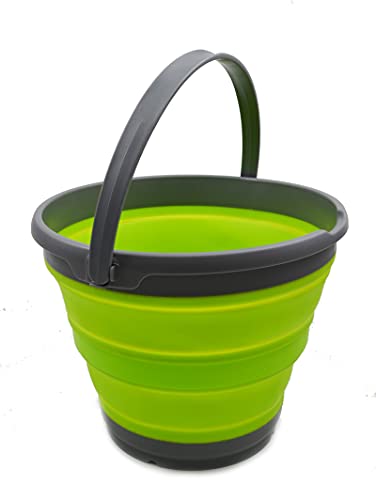 SAMMART 10L Collapsible Plastic Bucket - Foldable Round Tub - Portable Fishing Water Pail - Space Saving Outdoor Waterpot, Size 33cm Dia (1, Dunkelgrau/Fluoreszierendes Grün) von SAMMART