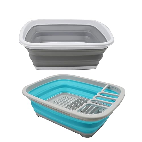 SAMMART 10L Faltbare Plastik Kunststoffwanne & 8L faltbares Abtropfgestell mit Abtropfbrett (Grau+Cyanin, 2) von SAMMART