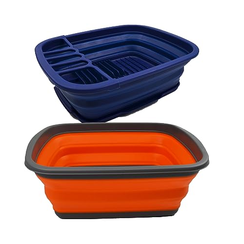 SAMMART 10L Faltbare Plastik Kunststoffwanne & 8L faltbares Abtropfgestell mit Abtropfbrett (Orange+Königsblau, 2) von SAMMART