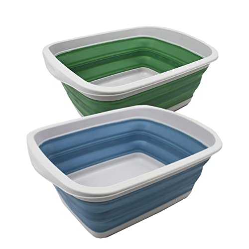 SAMMART 10L Faltbare Wanne – Faltbare Geschirrwanne – Tragbares Waschbecken – Platzsparende Kunststoff-Waschwanne (Stahlblau + Dunkelmeergrün) von SAMMART
