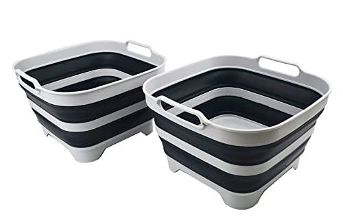 SAMMART 10L Faltschale mit Ablassschraube - Faltbares Waschbecken - Tragbare Geschirrspülwanne - Platzsparendes Küchenablagefach (Grau/Schiefergrau (2er-Set)) von SAMMART