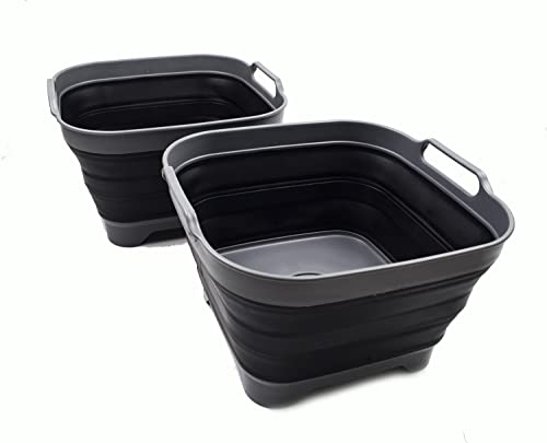 SAMMART 10L Faltschale mit Ablassschraube - Faltbares Waschbecken - Tragbare Geschirrspülwanne - Platzsparendes Küchenablagefach (Grau/Schwarz (2er-Set)) von SAMMART