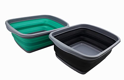 SAMMART 10L Set mit 2 zusammenklappbaren Wannen – Faltbare Geschirrwanne – tragbares Waschbecken – platzsparende Kunststoff-Waschwanne (Bläulich-Grün + Schwarz, 2) von SAMMART