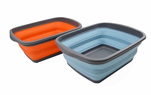 SAMMART 10L Set mit 2 zusammenklappbaren Wannen – Faltbare Geschirrwanne – tragbares Waschbecken – platzsparende Kunststoff-Waschwanne (Seeengel + Orange, 2) von SAMMART