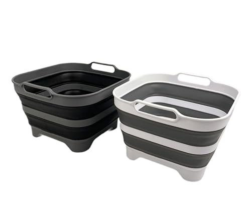 SAMMART 10L zusammenklappbare Spülpfanne mit Ablassstopfen – faltbares Waschbecken – tragbare Geschirrspülwanne – platzsparende Küchenablage für Camping und Wohnmobil (2, Stahlgrau+Schwarz) von SAMMART