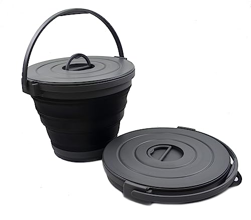 SAMMART 10L zusammenklappbarer Angeleimer mit verschließbarem Deckel–Faltbare runde Wanne–tragbarer Wassereimer aus Kunststoff–platzsparender (Grau/Schwarz (2er-Set)) von SAMMART