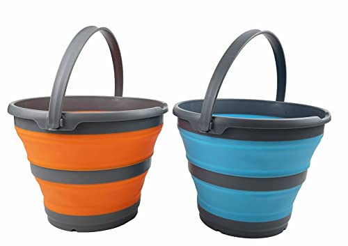 SAMMART 10L zusammenklappbarer Kunststoffeimer – Faltbare runde Wanne – tragbarer Angelwassereimer – platzsparender Outdoor-Wassertopf, Größe 33 cm Durchmesser (Orange + Ozeanblau) von SAMMART