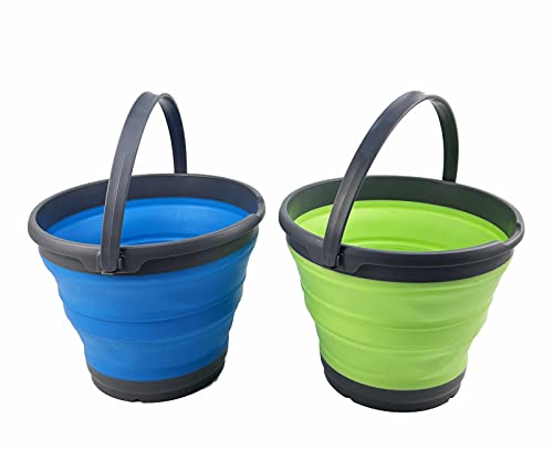 SAMMART 10L zusammenklappbarer Kunststoffeimer – Faltbare runde Wanne – tragbarer Wassereimer zum Angeln – platzsparender Wassertopf für den Außenbereich (Grasgrün + Cerulean (2er-Set)) von SAMMART