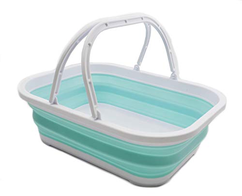 SAMMART 12L Faltbare Wanne mit Griff - Tragbarer Picknickkorb/Krater im Freien - Faltbare Einkaufstasche - Platzsparender Vorratsbehälter (White/Lake Green, 1) von SAMMART