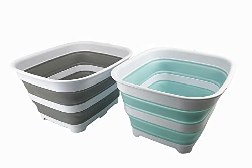 SAMMART 15L Zusammenklappbare Schüssel mit Ablaufstopfen - faltbares Waschbecken - tragbares Geschirrwaschbecken - platzsparendes Küchenregal (Grau+Seegrün (2er-Set)) von SAMMART